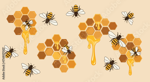 Honeycombs and Bees Pattern Vector Design Illustrating Natural Sweetness and Bee Life