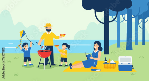 Happy family enjoying picnic in the park with BBQ, kite flying and relaxation near a lake