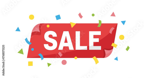 Sale banner with confetti, red background with white text, promotion.