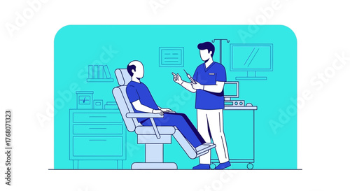 Vector illustration depicting hair transplant procedure in medical clinic setting with doctor