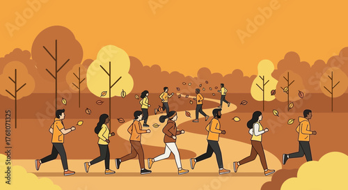 Vector illustration of a diverse group of people running in an autumnal park scenery