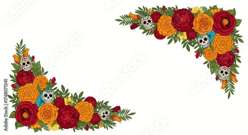 Vibrant Day of the Dead Floral Corner Decorations with Sugar Skulls and Marigolds