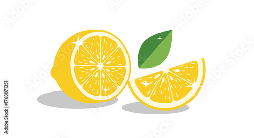 Vibrant lemon illustration with a slice and green leaf on a clean background