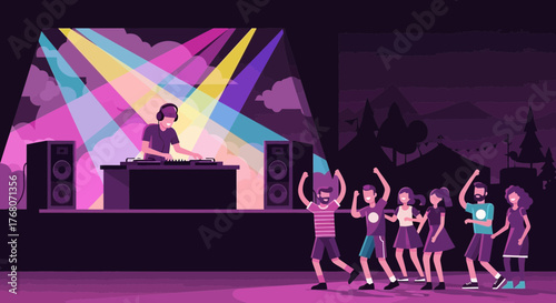 Vibrant dj performance with dancing crowd in a festive atmosphere at a music festival