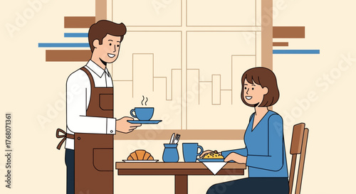 Waiter serving breakfast to a customer in a cafe with a city view illustration