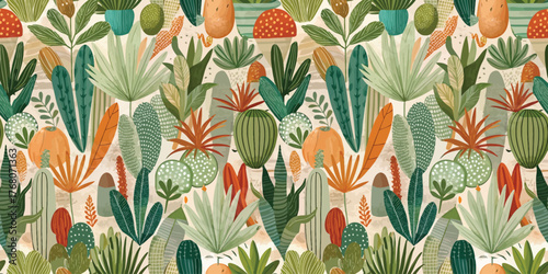 Vibrant tropical plants in green and orange hues create a lively and inviting botanical pattern.