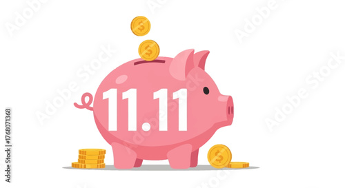 Pink piggy bank with coins falling into it, with the number 11.11 on its side.