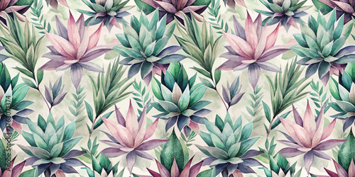 A vibrant pattern of succulents and leaves in soothing pastel colors, perfect for home decor.