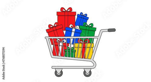 Shopping cart full of colorful gift boxes with ribbons and bows.