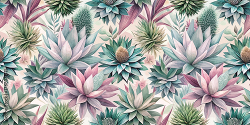 Beautiful botanical wallpaper design featuring vibrant watercolor succulents in pastel shades.
