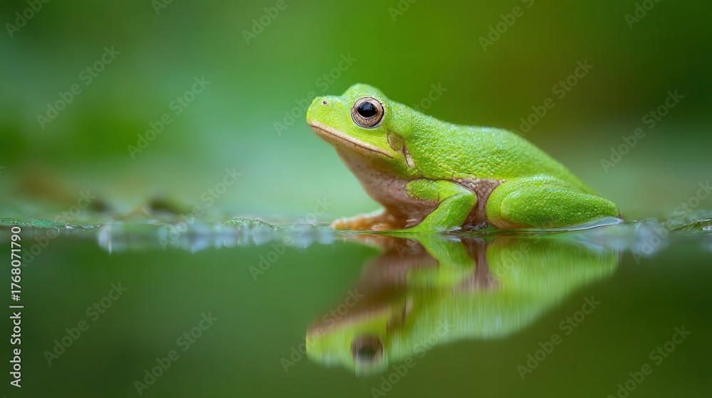 Obraz premium A green frog sitting on a leaf in a pond with a blurred green background.