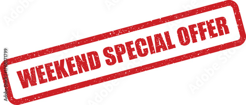 Bold red rubber stamp impression with a vintage texture proclaiming WEEKEND SPECIAL OFFER for retail promotions