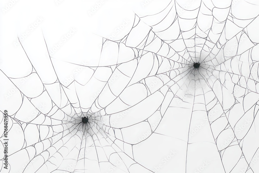 Obraz premium Two symmetrical spider webs with spiders positioned at their centers against a white background, showcasing intricate web patterns and delicate lines