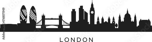 London city skyline silhouette, United Kingdom architecture illustration, famous landmarks vector art, Big Ben, Tower Bridge, modern urban cityscape design