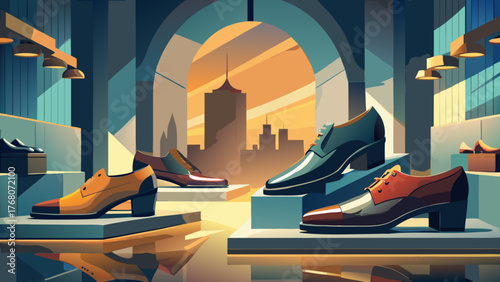 Elegant shoes displayed in a shop with city skyline