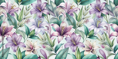 A vibrant floral pattern featuring lilies in shades of purple and pink surrounded by lush green foliage.
