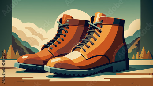 Illustration of two brown leather boots with laces