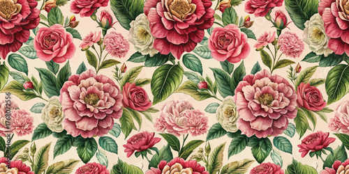 Vibrant floral wallpaper featuring assorted roses in pinks and greens, exuding a classic elegance.
