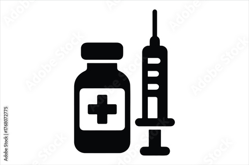 Medical vial and syringe illustration depicting vaccination or injection process