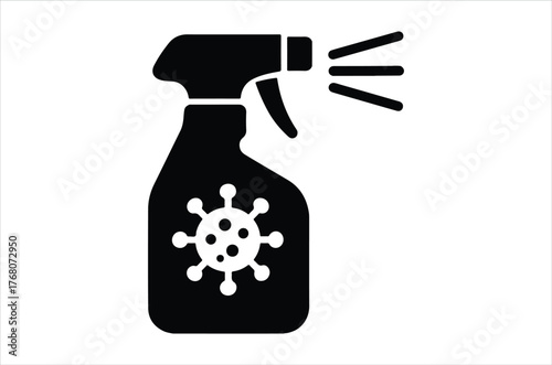 Black spray bottle icon with a virus symbol and spray mist
