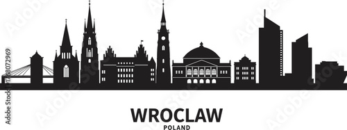 Wrocław Poland skyline silhouette with historic cathedral, bridge, clock tower, opera house, and modern skyscrapers, city landmark vector illustration