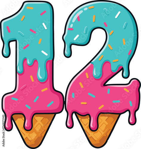 Ice Cream Number 12 Vector – Colorful Cartoon Melting Ice Cream Font with Sprinkles