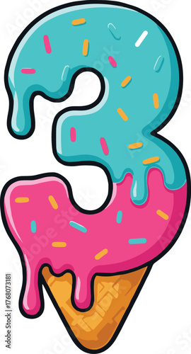 Ice Cream Number 3 Vector – Colorful Cartoon Melting Ice Cream Font with Sprinkles