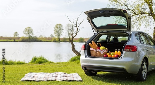Relaxing lakeside picnic with car trunk open displaying a basket of fresh food and drink in springtime