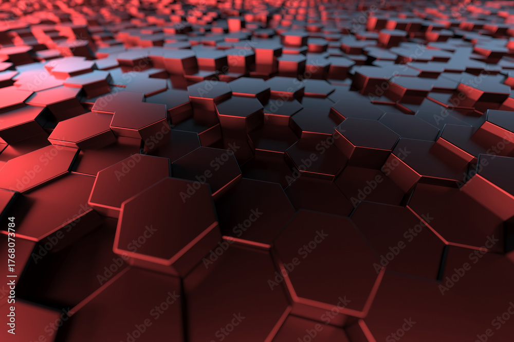 Fototapeta premium Futuristic hexagonal surface with red and black gradient patterns. 3d render