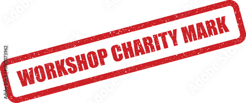 Distressed red rectangular rubber stamp featuring a charity mark for an event or fundraising workshop activity
