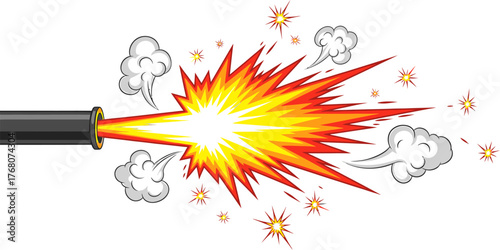 Cartoon Cannon Explosion Powerful Blast of Fire and Smoke Effects Illustration