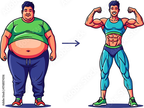 Cartoon illustration of a man's impressive body transformation from overweight and chubby to athletic and muscular