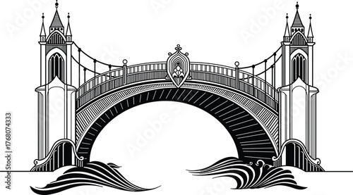Vintage decorative bridge illustration over water waves, elegant architectural design vector, classic gothic style landmark art for travel posters