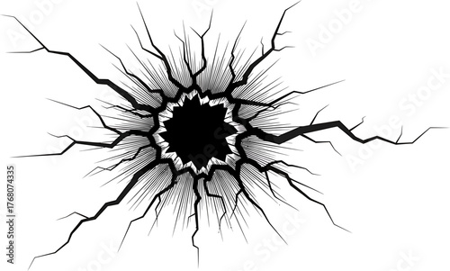 Abstract illustration of a black hole punched through a white surface, with radial cracks creating a powerful visual of a breakthrough or explosion