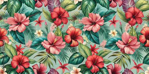 A vibrant floral pattern featuring lush pink hibiscus flowers and green palm leaves.