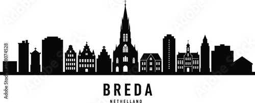 Breda Netherlands city skyline silhouette with historical architecture and church tower, urban landmark vector illustration for travel and design