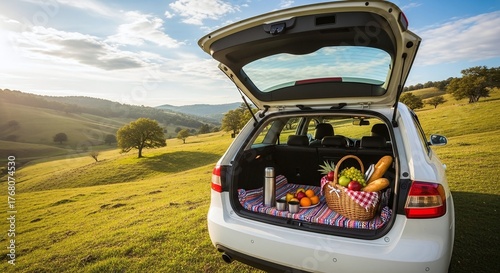 Scenic Picnic Road Trip with Car in Rolling Hills Countryside and Basket Full of Food