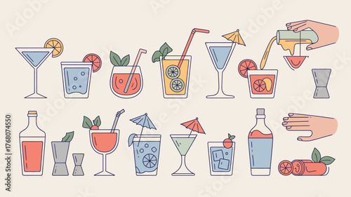 Colorful Hand Drawn Cocktail Collection With Garnishes cocktails drinks