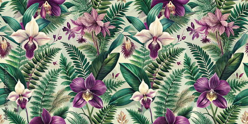 Vibrant floral pattern featuring lush green leaves and exquisite orchids in purple and white hues.