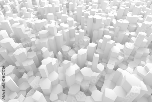 Abstract 3d render of white geometric hexagonal cityscape for modern design and architecture