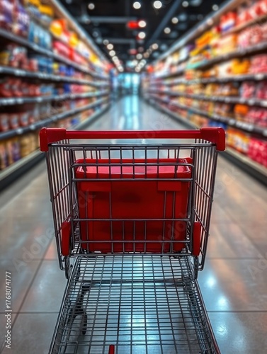 Empty shopping cart in a brightly lit supermarket aisle filled with various products on shelves extending into the distance