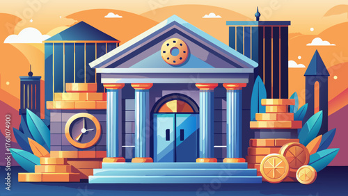 Illustration of a bank building with coins and clock