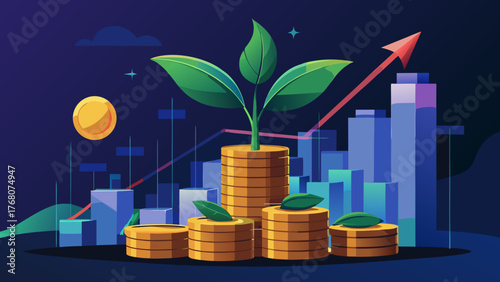 Growing plant on coins with financial chart background
