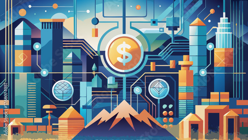 Abstract city with dollar coin and circuit connections