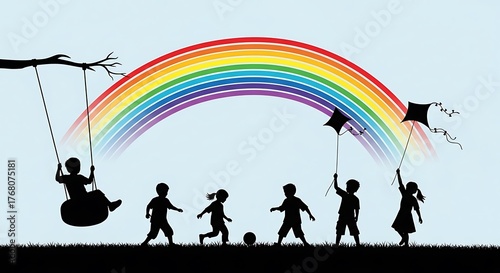 Children Playing Under Rainbow Silhouette Illustration