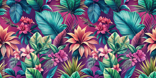 Vibrant tropical foliage with vivid flowers and lush leaves in a striking purple background.