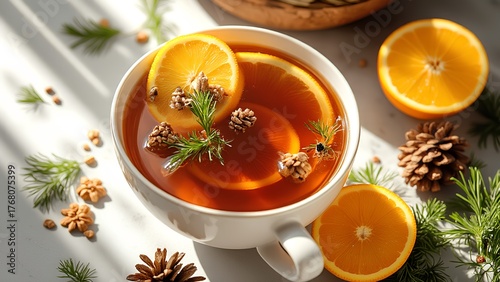 A cozy cup of tea with orange slices, pine sprigs, and pine cones, surrounded by seasonal decor, evokes warmth and comfort.