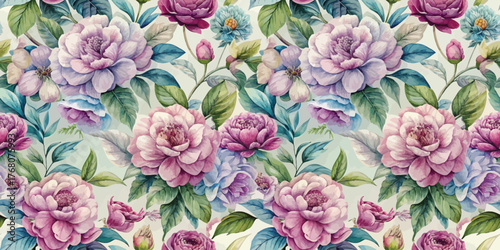 A vibrant floral pattern featuring blooming peonies and blue florals in shades of pink and purple.