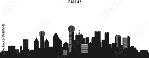 Dallas city skyline silhouette with iconic Reunion Tower and skyscrapers, modern urban cityscape black and white architecture illustration background design