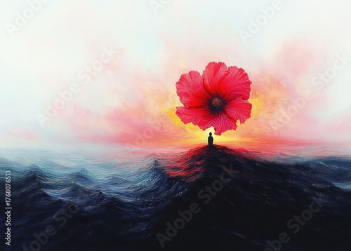 A solitary figure stands on a dark hill surrounded by a vast ocean under a vibrant sky with a large glowing red flower overhead emitting warm light